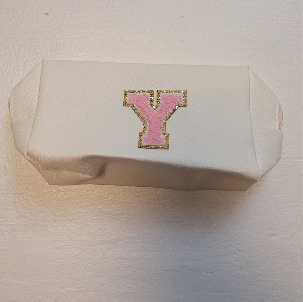 White Cosmetic Bag with Pink Y Patch